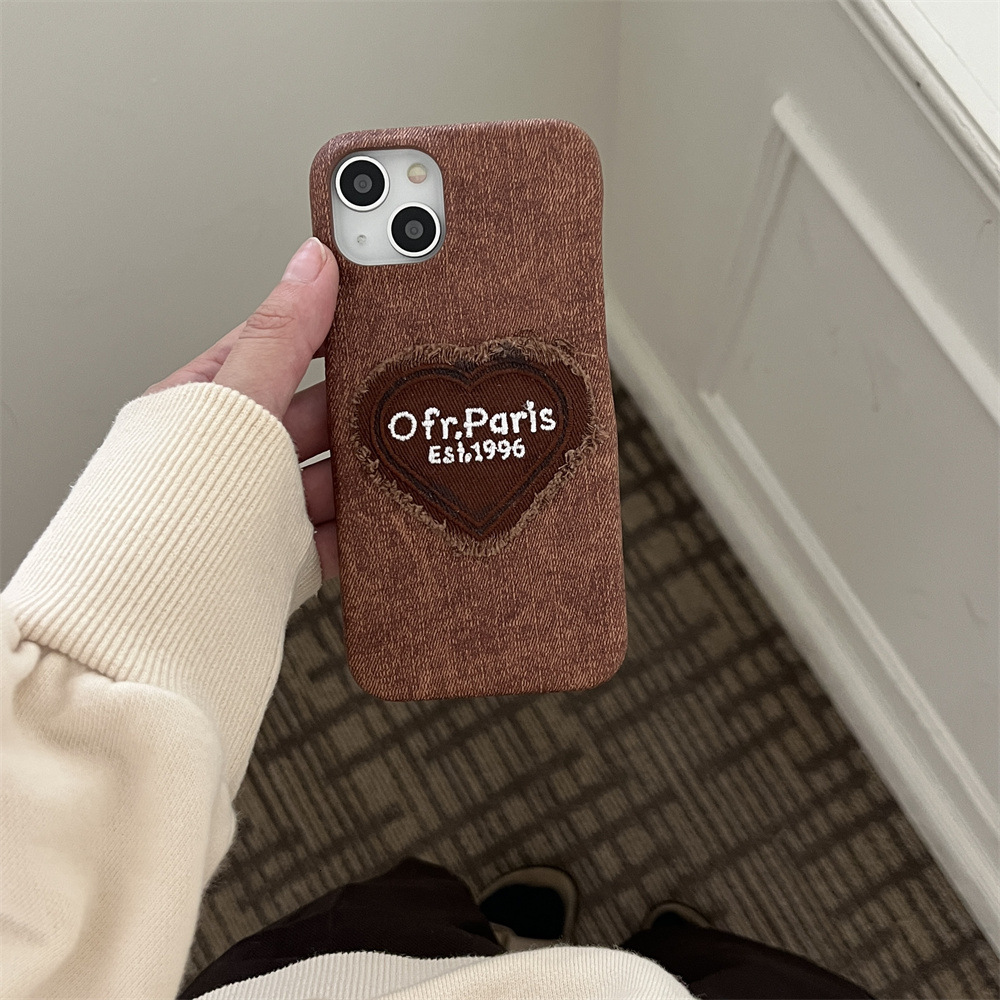Suitable for iphone 17/16/15/14 Pro Max Denim Embroidered Heart Phone iPhone 13/12 Cartoon Case