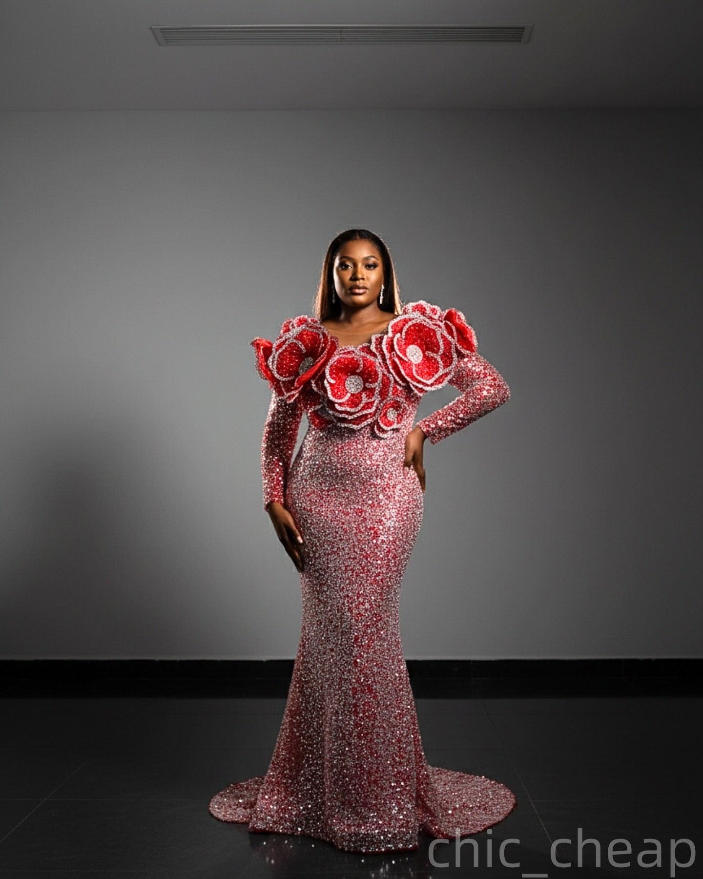 Red Mermaid Prom Dresses 2025 3D Flowers Crystals Sequined Full Sleeves Evening Formal Party Second Birthday Engagement Gowns Plus Size Dress For Spec