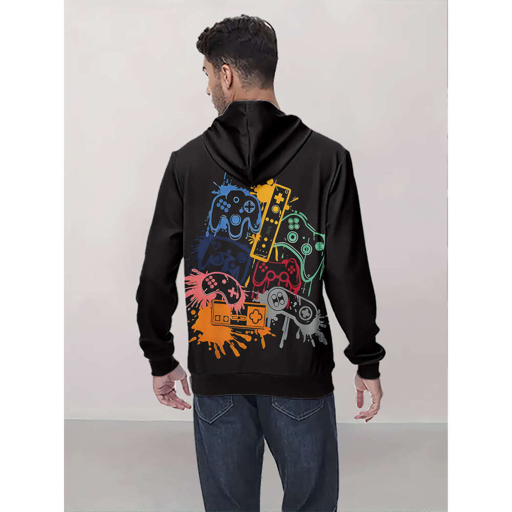 Men's Gaming Graphic - Retro Controller Design Sweatshirt In Black With Neon Splatter, Hine Washable Pullover Hoodie For Gamers, Casual Winter &