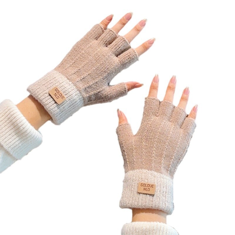 Winter Student Half-Finger Knitted Wool Fleece Touchscreen Writing Cycling Anti-Slip Fingerless Warm Gloves