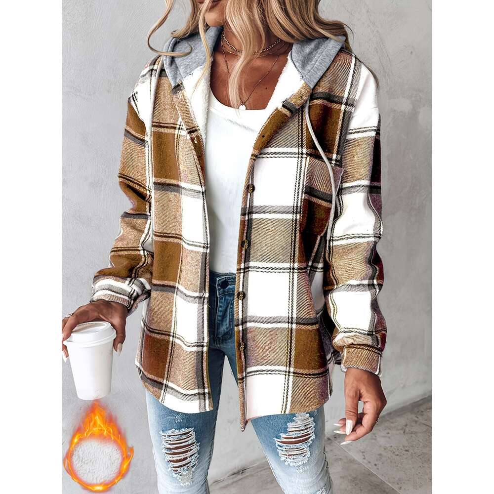 Women's Plaid Hooded Jacket With Fleece Lining - Cozy Winter Adjustable Drawstring Hood & Button Front, Warm Outerwear For Fall And Winter, Hine 