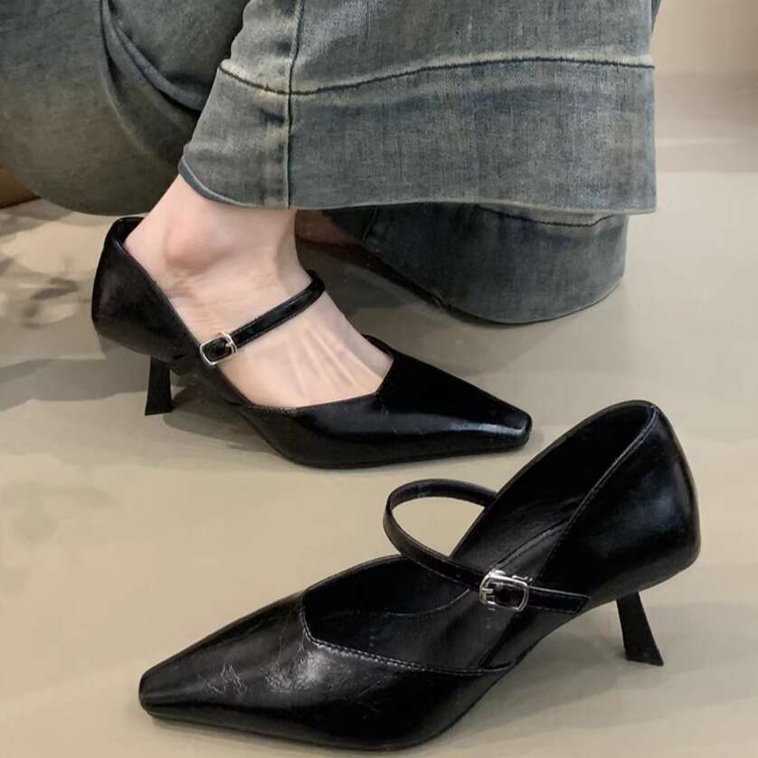 Women's High Heels 2025 Spring Designer Shoe French Style Elegant Pointed Toe Shallow Mouth Stiletto Mary Jane Commuter Shoes