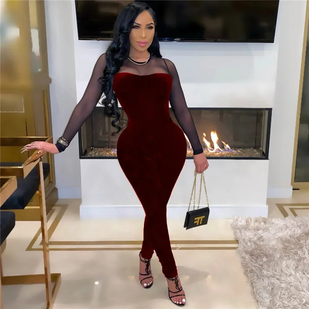 Sexy Sheer Mesh Patchwork Velvet Jumpsuit Women Long Sleeve Skinny Rompers Womens Jumpsuit Elegant Slim Bodycon Party Overalls 251016