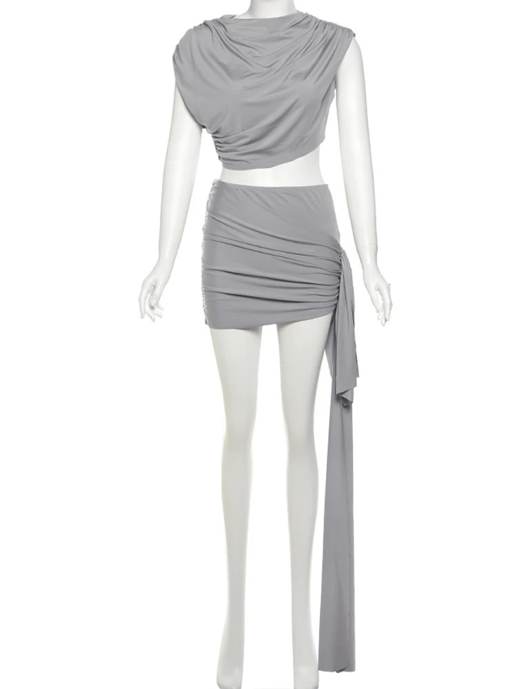 Weird Puss Irregular Ruched 2 Piece Set Women Summer Tank TopsSide Ribbon Skirts Stretch Matching Casual Simple Street Outfits 251014