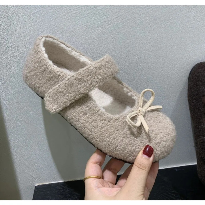 Elegant Plush Loafers Womens Shearling Ballet Flats Strap Warm Rabbit Fur Lined Crystal Buckle Mary Jane Flat Shoes 251013