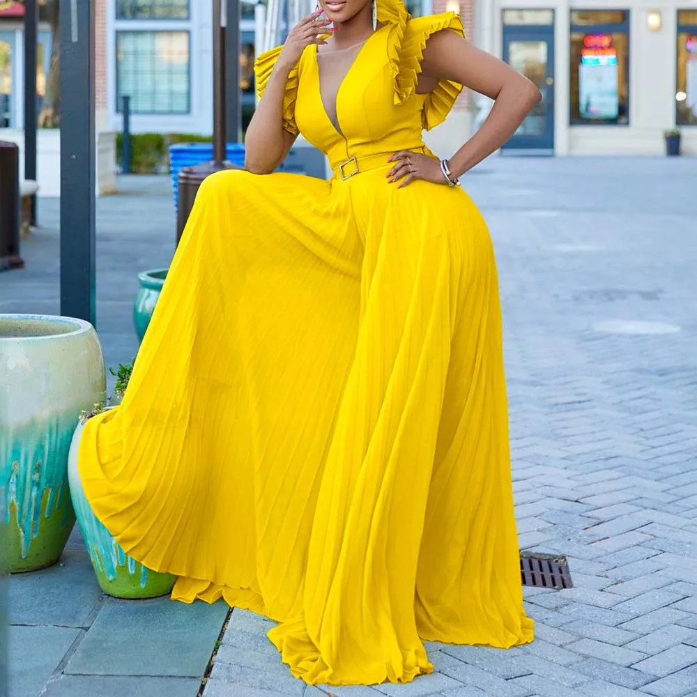 Elegant Pleated Jumpsuits Rompers for Women V Neck Ruffles Belt Waisted High Waisted Floor Length Birthday Party Outfit 251016