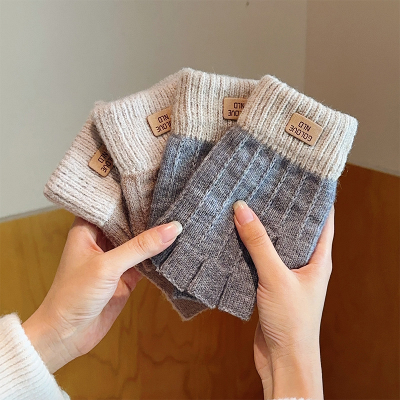 Winter Student Half-Finger Knitted Wool Fleece Touchscreen Writing Cycling Anti-Slip Fingerless Warm Gloves