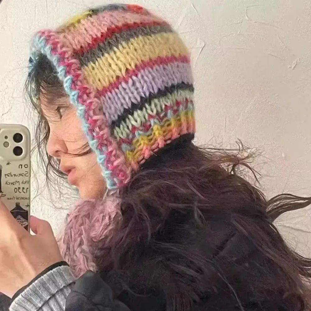 Fashion Color Striped Balaclava Hat Ear Protector Windproof Hand Crocheted Hat Neck Tie Pullover Bean Cap 251014