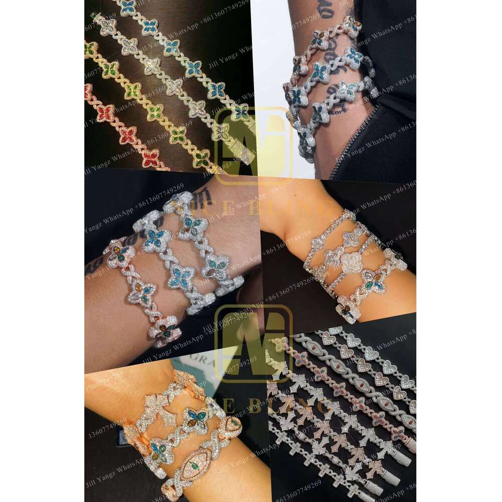 12 Options Colorful Flower Bracelet Ready Stock Hip Hop Fancy Dia Cuban Link Chain Moissanite Sier