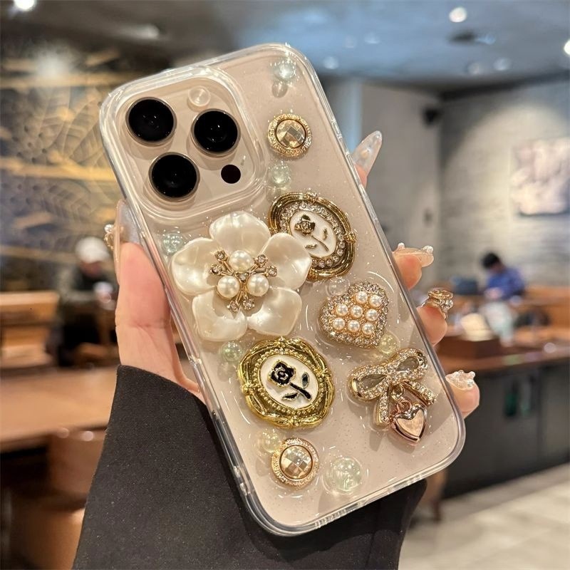 Compatible with iPhone 17 Pro Max Case 3D Camellia Flower Gem Case Bling Glitter Clear Case for Girls Women Cute Sparkly Shiny Crystal Girly Luxury Fa