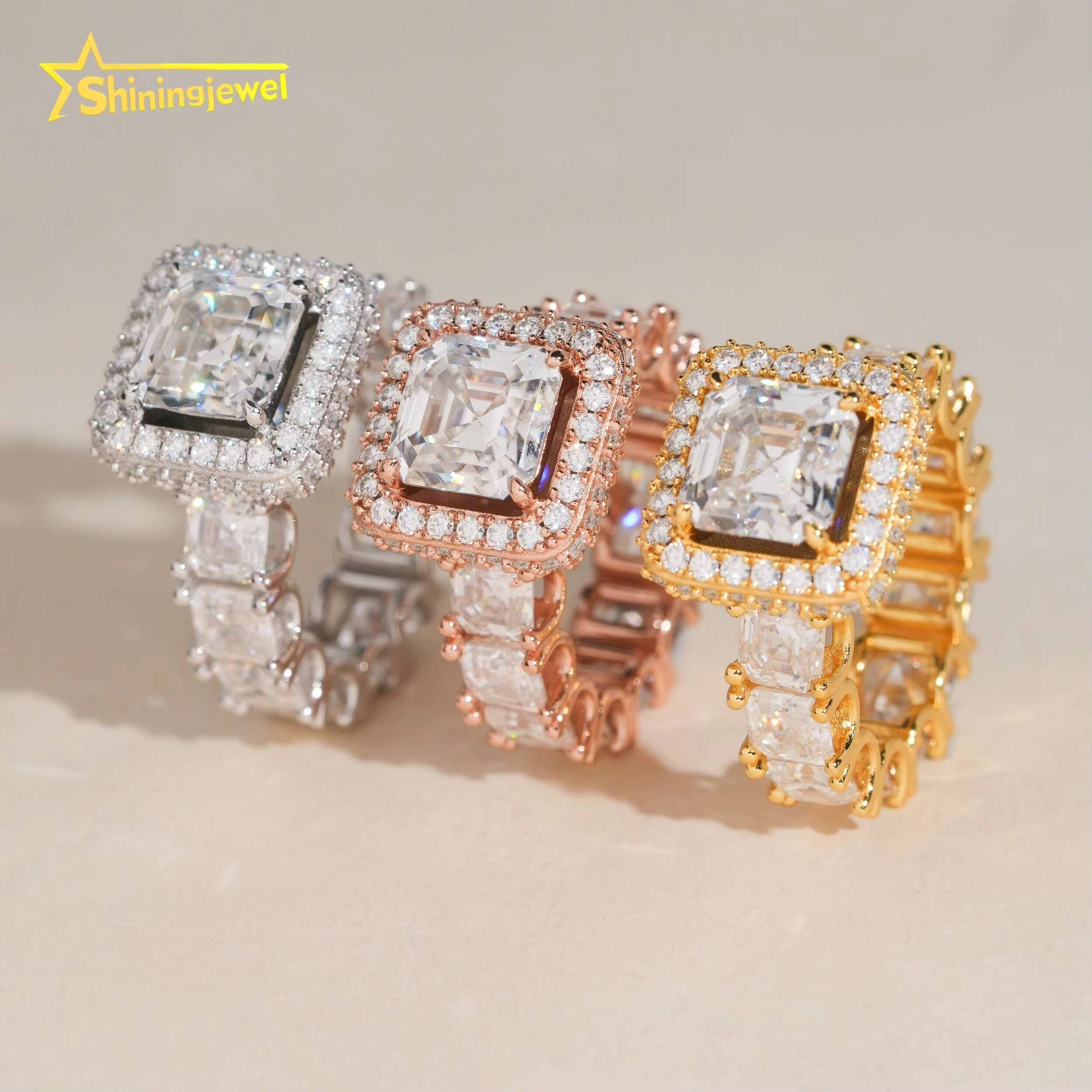 Iced Out Diamond Wedding Ring Hip Hop Jewelry Asscher Cut Diamond 925 Silver VVS Moissanite Engagement Ring for Women