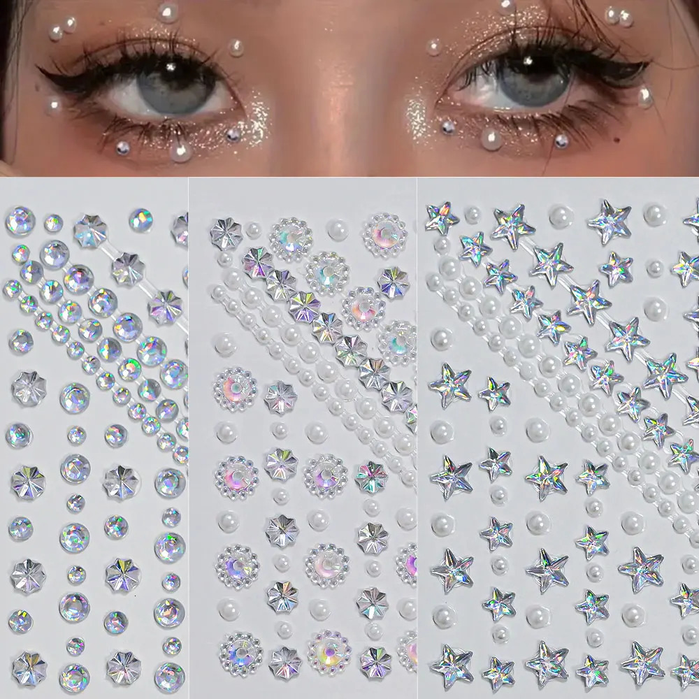 1pc 3D Face Aurora Crystal Diamond Tattoo Stickers DIY Eyes Face Body Star Pearl Rhinestones Festival Makeup Tattoos Stickers 251015