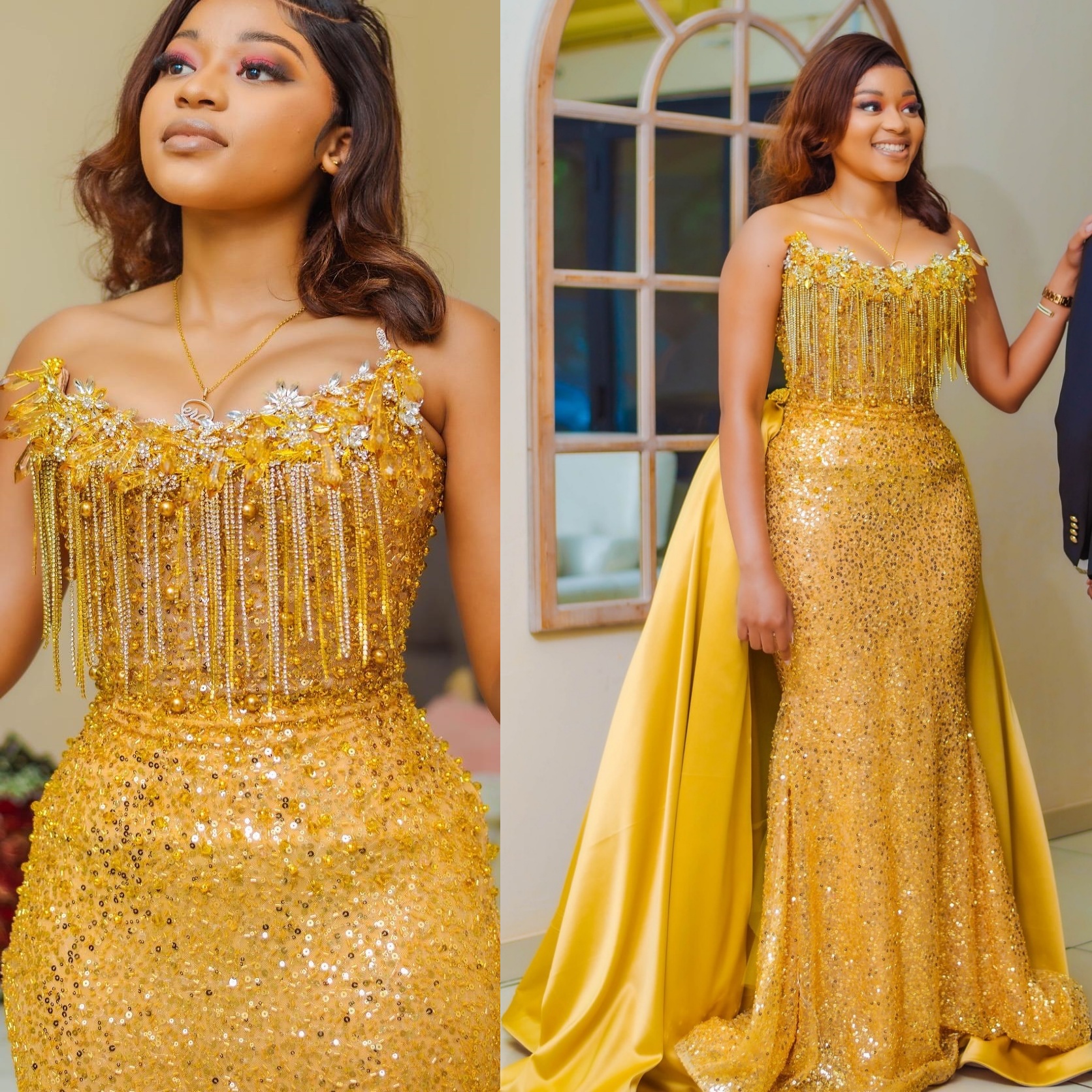 Gold Mermaid Prom Dresses 2025 Crystals Tassels Detachable Train Evening Formal Party Second Birthday Engagement Gowns Plus Size Dress For Special Occ