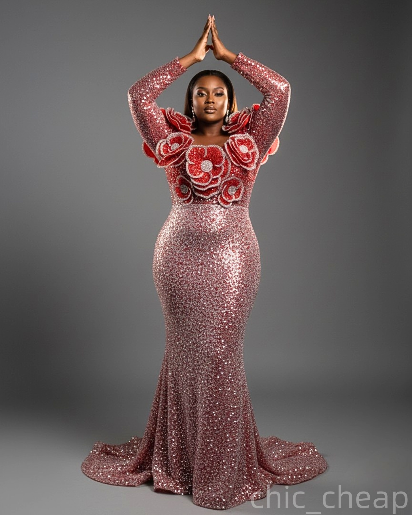 Red Mermaid Prom Dresses 2025 3D Flowers Crystals Sequined Full Sleeves Evening Formal Party Second Birthday Engagement Gowns Plus Size Dress For Spec