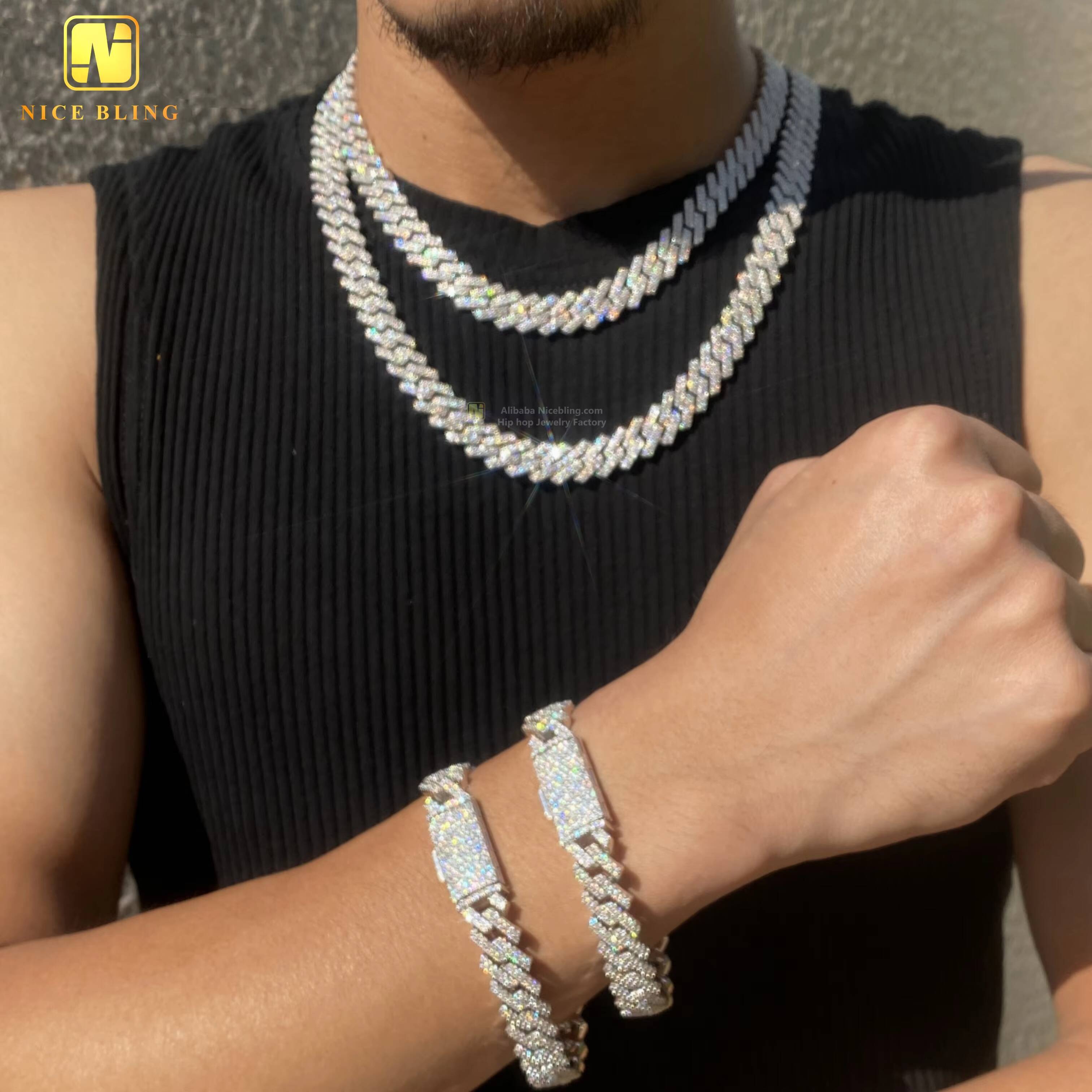 Hip Hop Jewelry Iced Out 925 Sterling Silver Moissanite Cuban Link Chain 12mm Fashion Men Jewelry Cuban Necklace Bracelet