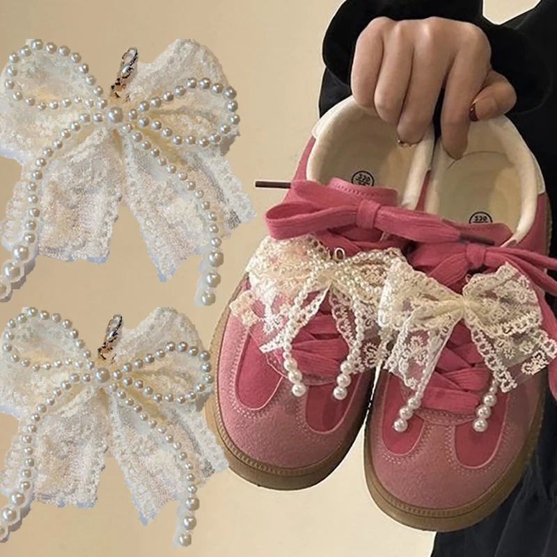 Fashion Lace Pearl Bow Shoelace Buckle Sneakers Decorative Charm Shoe Flower Buckle Womens Bag Pendant Bow Key Chain Accessorie 251013