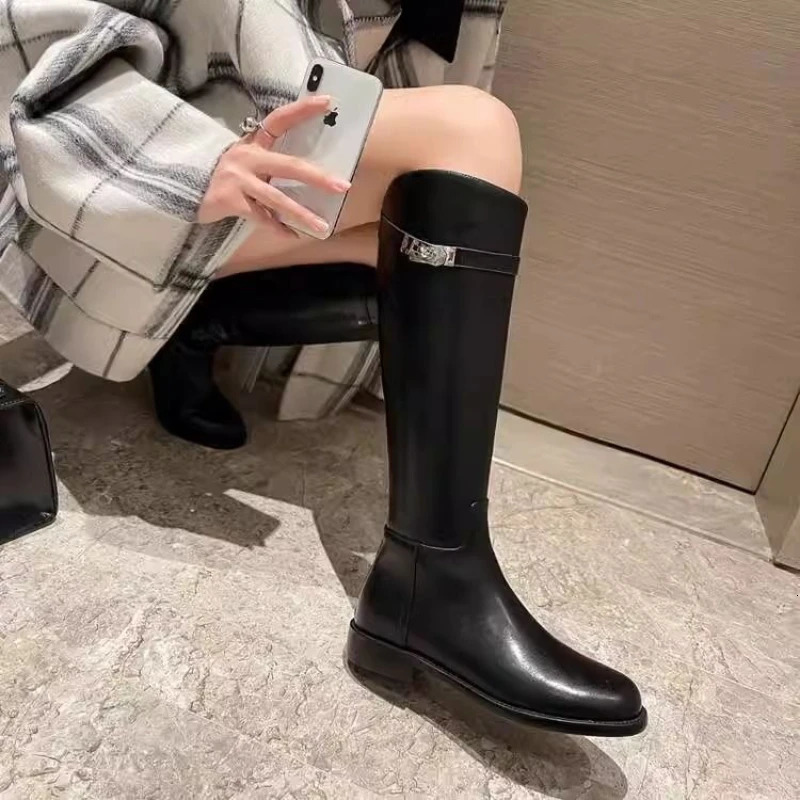Black Leather Elegant with Low Heels Ladies Knee High Shaft Shoes Trend in Comfortable Rock Y2k Womens Long Boots 251017