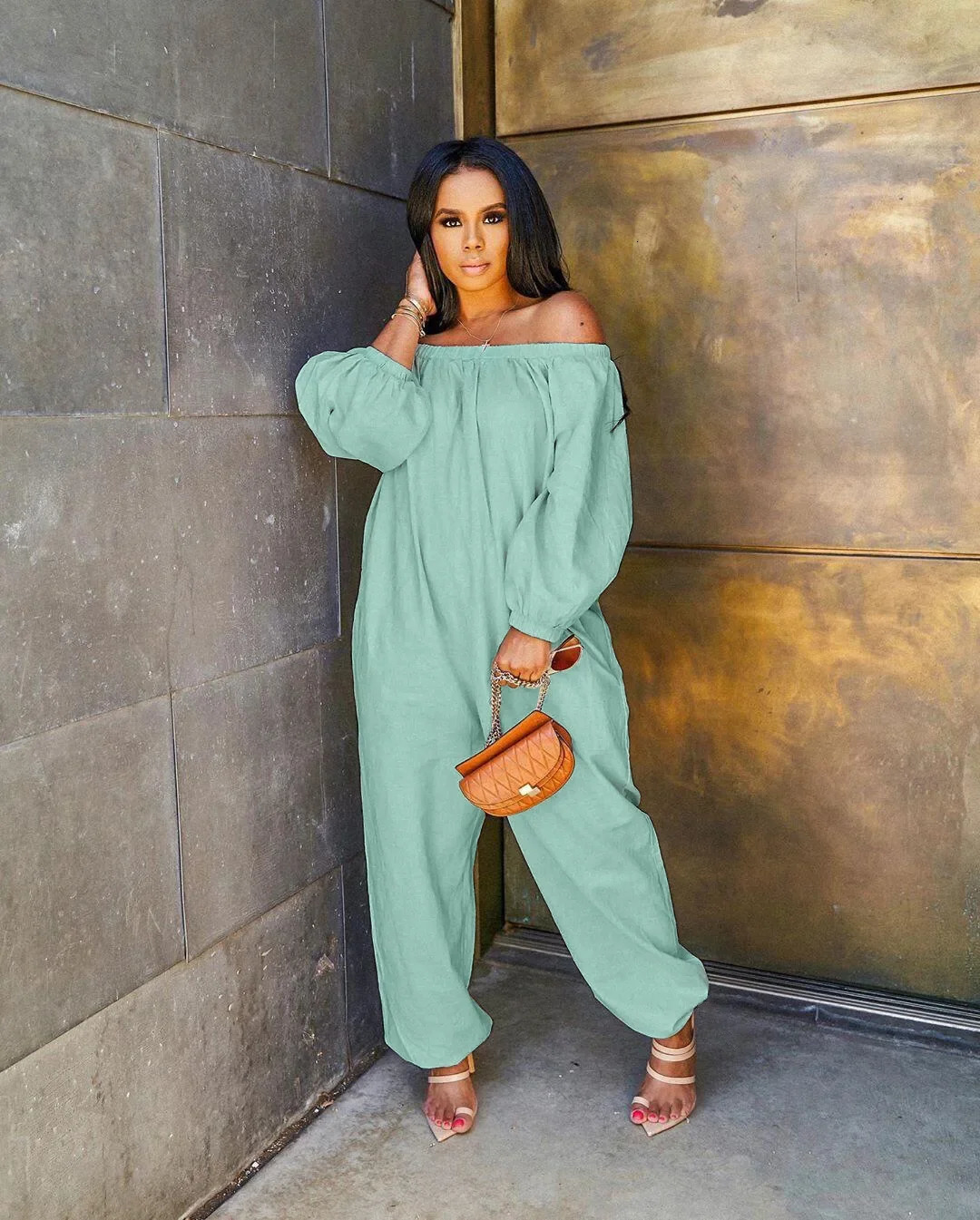 Solid Off Shoulder Jumpsuit for Women Casual Long Sleeve Rompers Loose Solid Color Cross Pants Casual Overalls Jumpsuits 251016