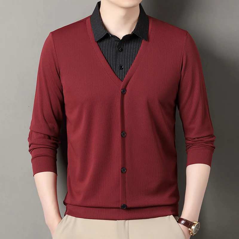 Two Knitted Sweaters for Men 2025 Business Casual Long Sleeve Tshirt Striped Shirt Collar Sweater AutumnWinter 251015