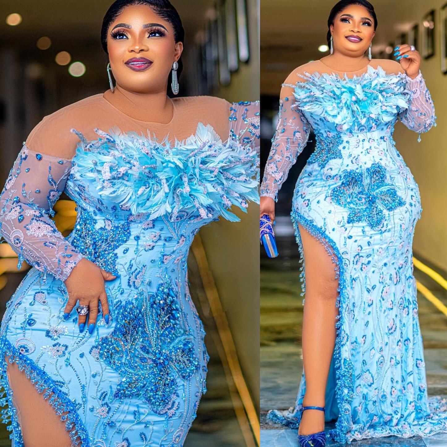 Mermaid Light Sky Blue Plus Size Prom Dresses 2025 Feather Crystals Sequined Evening Formal Party Second Birthday Engagement Gowns Dress For Special O