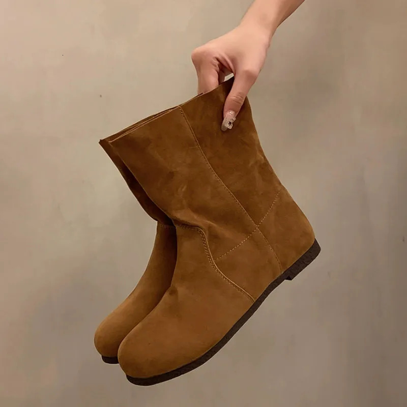 Fashion Autumn Women MidCalf Boots High Quality Cow Suede Leather SlipOn Flat Heel Casual Boots Ladies Handmade Retro 251011