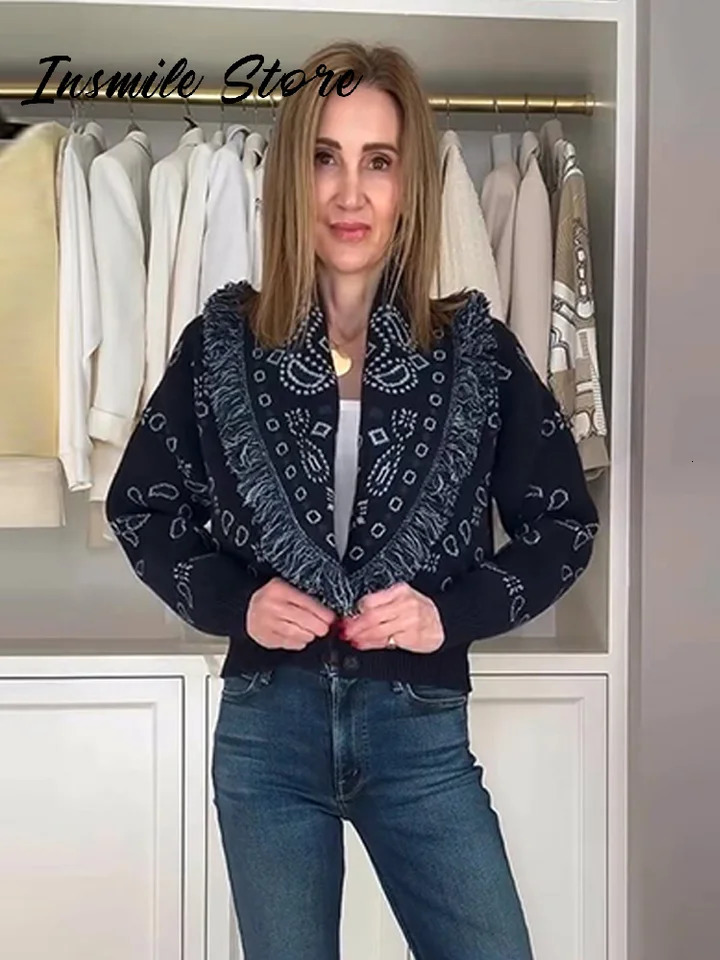 Casual Printed Spliced Tassel Knitted Cardigan Women Loose Vneck Long Sleeve Buttons Sweater Autumn Lady Chic Outwear 251015 - view 6