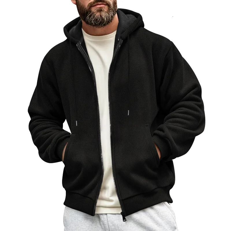 Mens Sweater Coat Fall Winter Composite Velvet Zipper Cardigan Casual Hooded Sweatshirt Fashion Clothing 251015