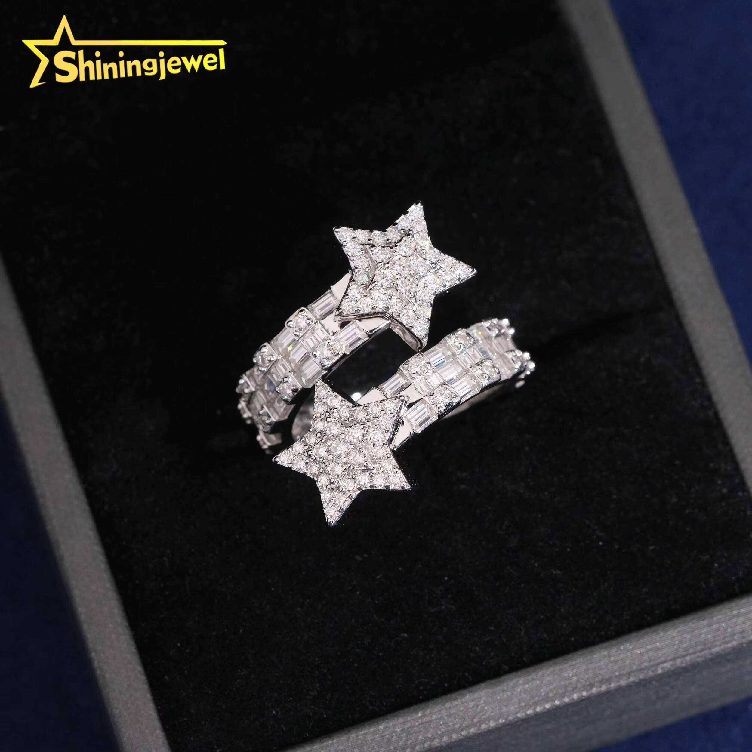 Pass Diamond Tester Full Iced Out Star Shape Hip Hop Rapper Jewelry VVS Moissanite Baguette Diamond 925 Silver Men Ring
