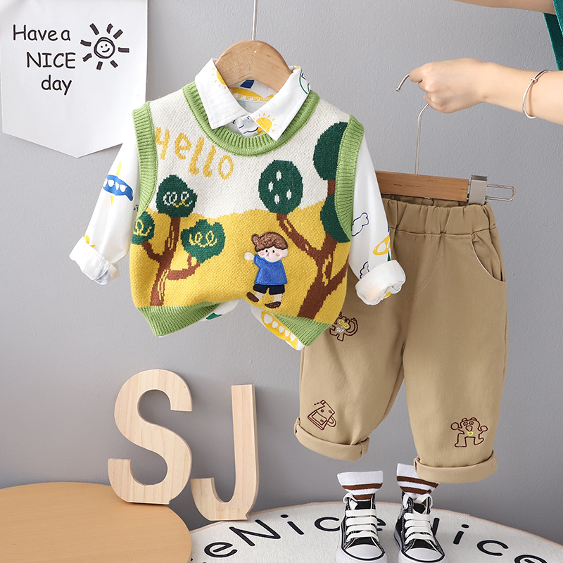 Boys' Autumn Set, Baby's Cute Spring and Autumn Long Sleeve Shirt, Little Boys' Sweater 3-Piece Set, Children's Stylish Clothes fr