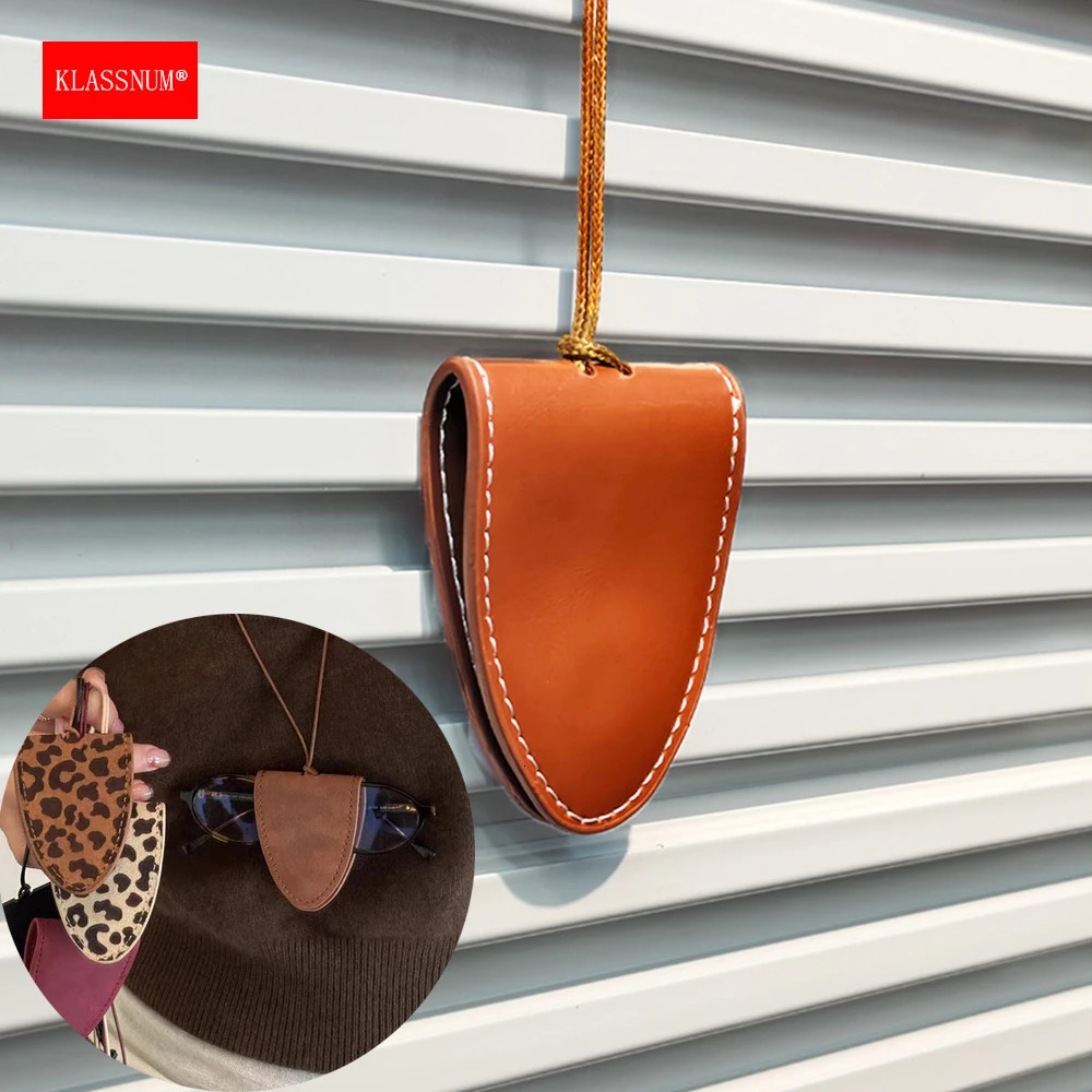 KLASSNUM Neck Glasses Case Genuine Leather Magnetic Neck Hanging Glasses Bag Necklace Trendy Portable Glasses Clip Pendant 251016