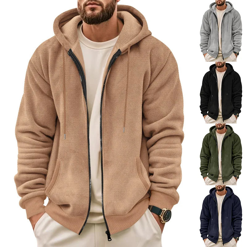 Mens Sweater Coat Fall Winter Composite Velvet Zipper Cardigan Casual Hooded Sweatshirt Fashion Clothing 251015