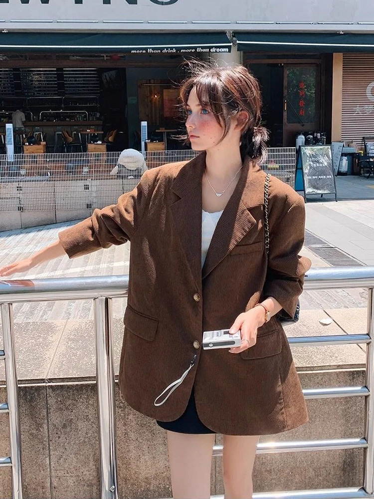 Type Womens Blazer Autumn Fashional Vintage Corduroy Single Breasted Solid Color Loose Coat Ladys Casual Blazer Clothing 251015