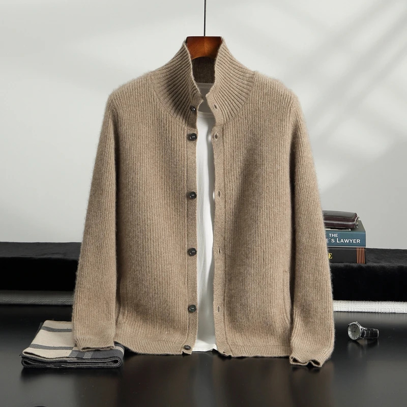 Button HighCollar Thick Cardigan Mens 100 Cashmere Fashionable Temperament Sweater Autumn Winter Soft Comfortable Knit Jacket 251015