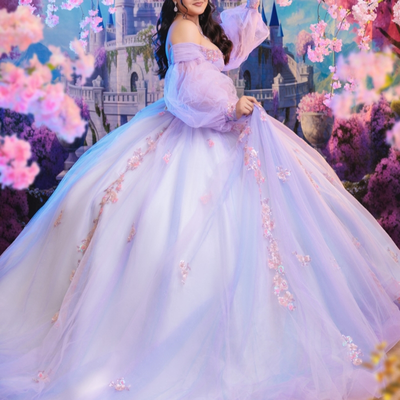 Light Lavender Shiny Quinceanera Dresses Off The Shoulder Applique Lace Beads Tull Puff Sleeve Party Birthday Sweet 16 Dres Vestidos 15 De Anos