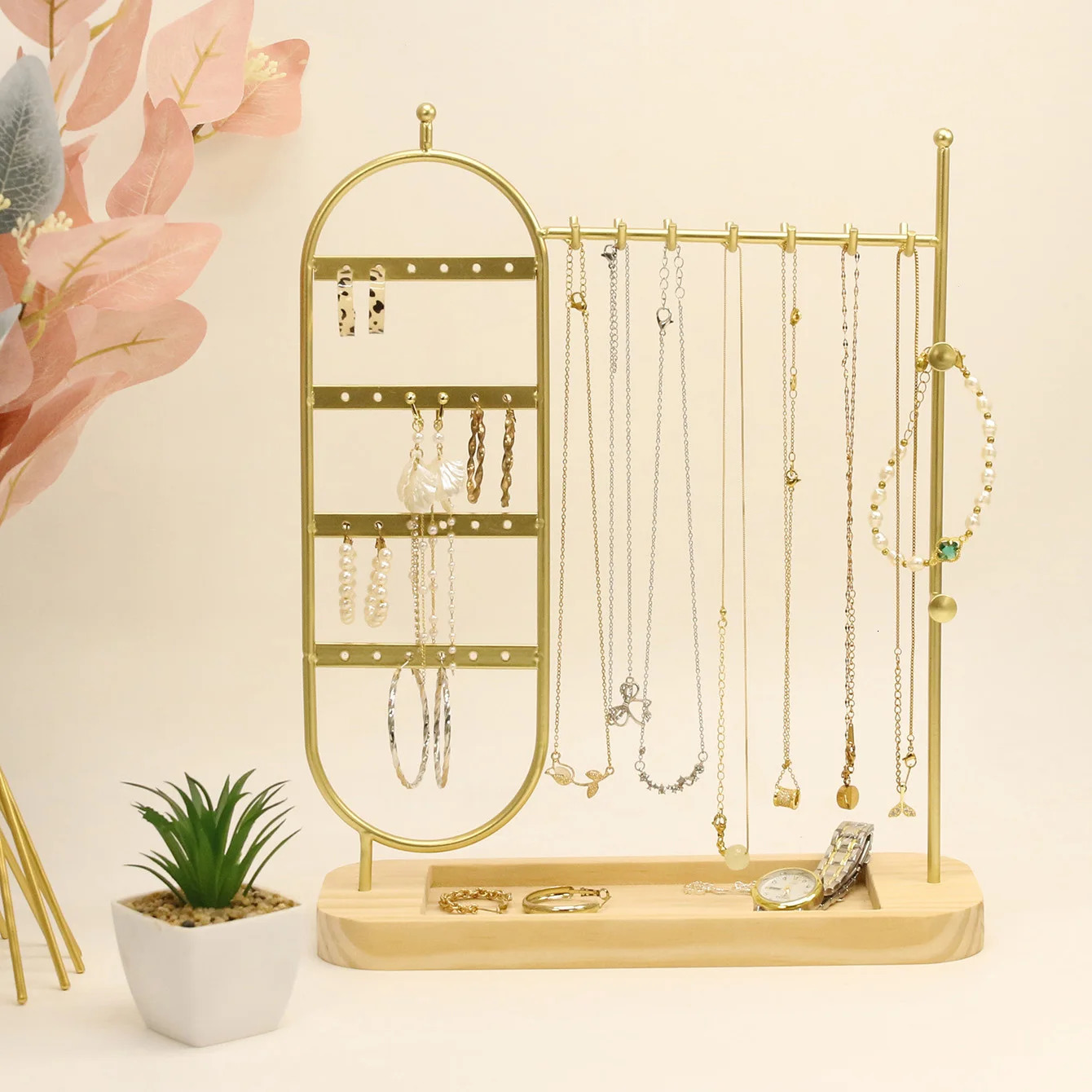 1 desktop solid wood base jewelry rack suitable for organizing and storing watches earrings bracelets necklaces etc 251016