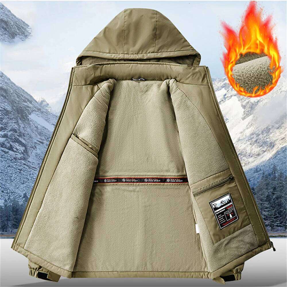 8Xl Outdoor Sports Windproof Waterproof Workwear Jacket Thickened Warm Hooded Jackets Men Fleece-Lined Epaulette Trench Coat