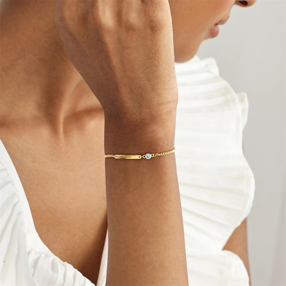 Personalized Birthstone Bar Bracelet Custom Engraved Name ID Bracelets Stainless Steel Adjustable Chain Vintage Jewelry Pulsera 251008