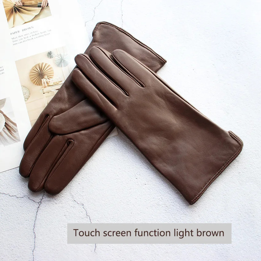 Color Sheepskin Leather Gloves Womens Straight Style Fleece Lining Spring and Autumn Outdoor Traveling Cycling Car Driving 251015