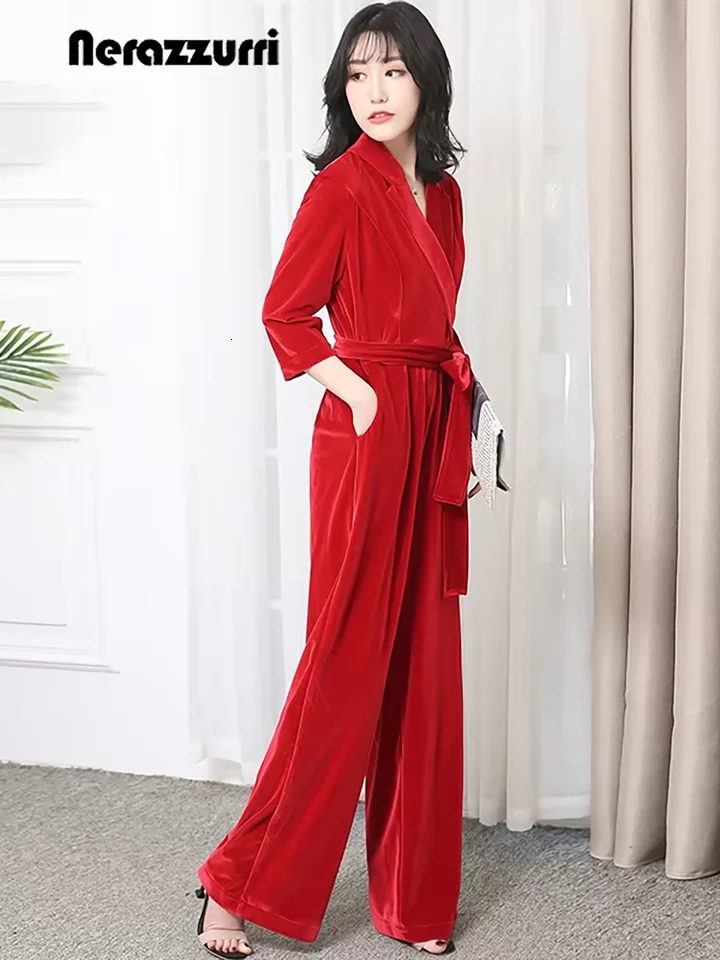Nerazzurri Spring Autumn Long Soft Flowy Red Velvet Jumpsuit Women with Sleeves Sashes Maxi Black Wide Leg Floor Length Clothes 251016