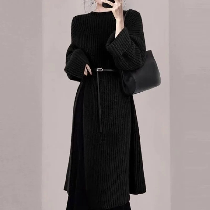 Womens Spring Autumn Long Split Sweater Sling Dress Two Piece Set Lady Graceful Black Knit Clothing Sleeveless Dresses Outfits 251014