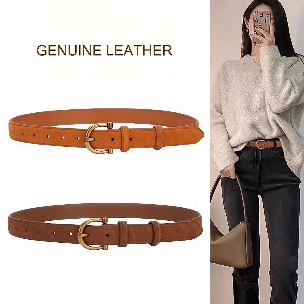 Suede Genuine Leather Belt for Women Brown Skinny Waistband Gold Buckle Belts for Casual Jeans and Pants W251018