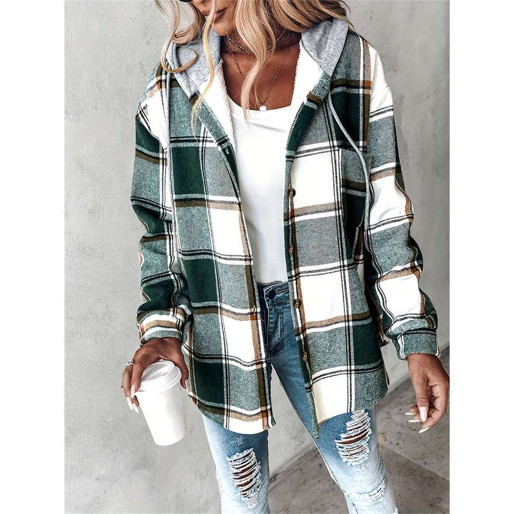 Women's Plaid Hooded Jacket With Fleece Lining - Cozy Winter Adjustable Drawstring Hood & Button Front, Warm Outerwear For Fall And Winter, Hine 