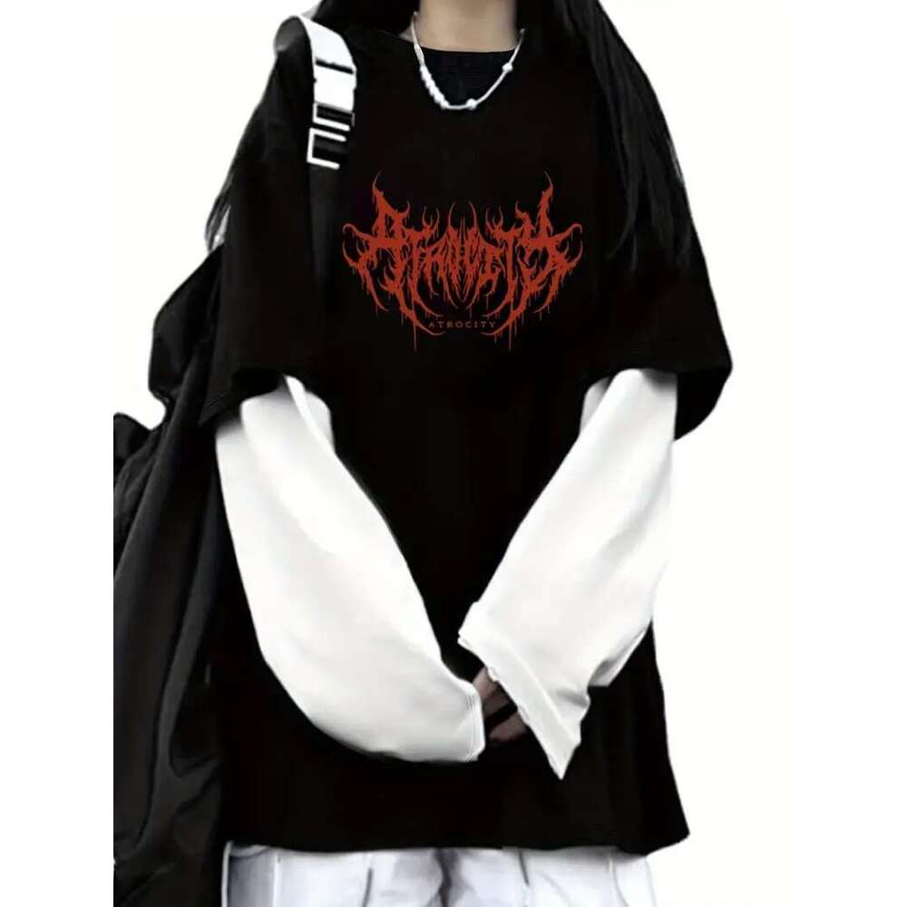 Men's Dark Print Long Sleeve T-Shirt - Edgy Skull Star Design, Stretchy Crew Neck Casual Tee For Streetwear & Everyday Style, Gothic Fashion, Med