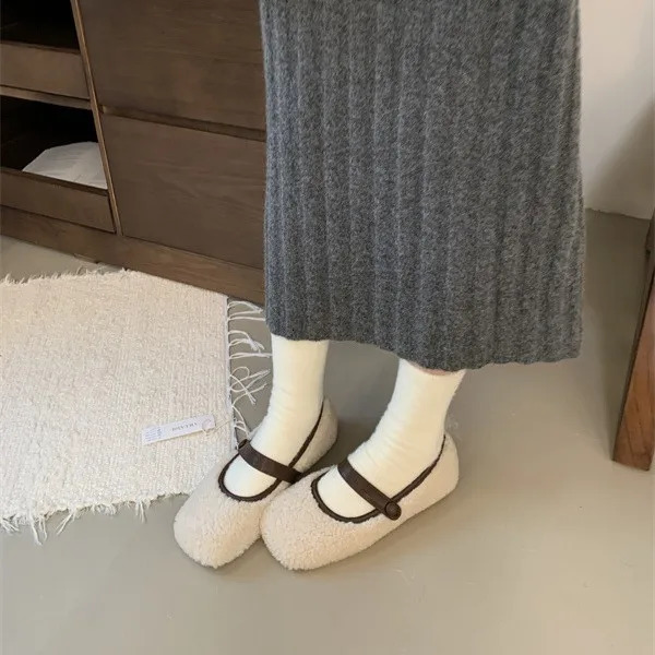 Comfortable Square Toe Wool Ballet Flats Women Warm Teddy Fur Mary Jane Shoes Women Elegant Fluffy Plush Loafers 251013