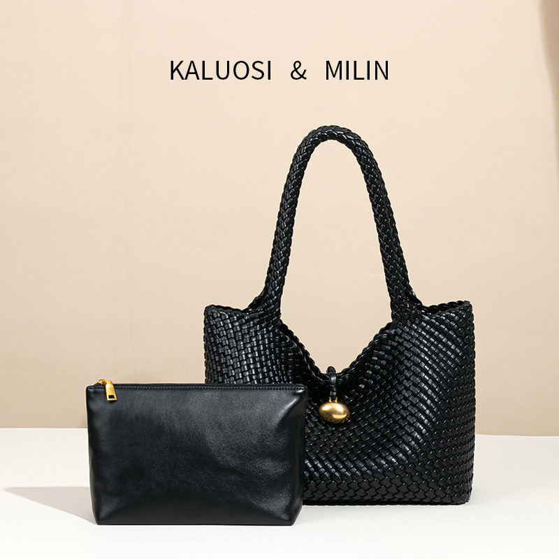 New Women's Large Capacity Handwoven Laptop Gold-Plated Soft Leather Horizontal Square Shoulder Tote Bag