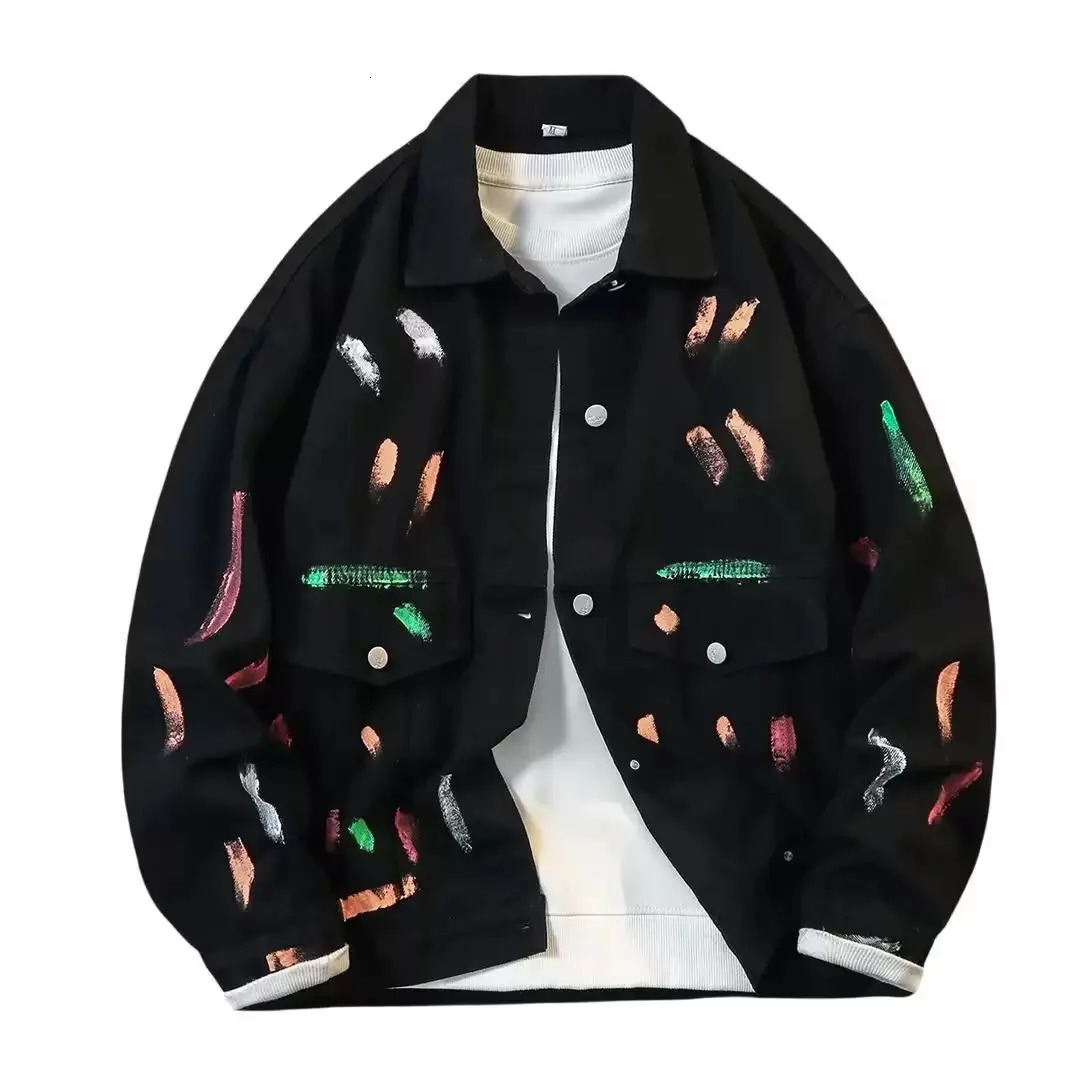 Autumn and Spring Fashion Trend Printed American Vintage Black Denim Jacket Mens Casual Loose Sports Plus Size Coat M3XL 251014