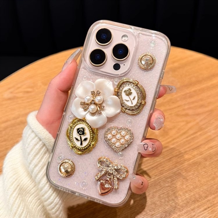 Compatible with iPhone 17 Pro Max Case 3D Camellia Flower Gem Case Bling Glitter Clear Case for Girls Women Cute Sparkly Shiny Crystal Girly Luxury Fa