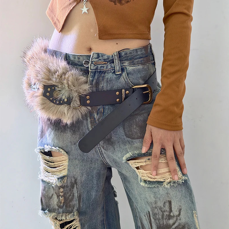 Vintage Faux Fur Belts Y2K Metal Bead Chain Plush Waist Chain Furry Fur Sexy Cowgirl Waistband Punk Belt Jeans for Night Club 251016