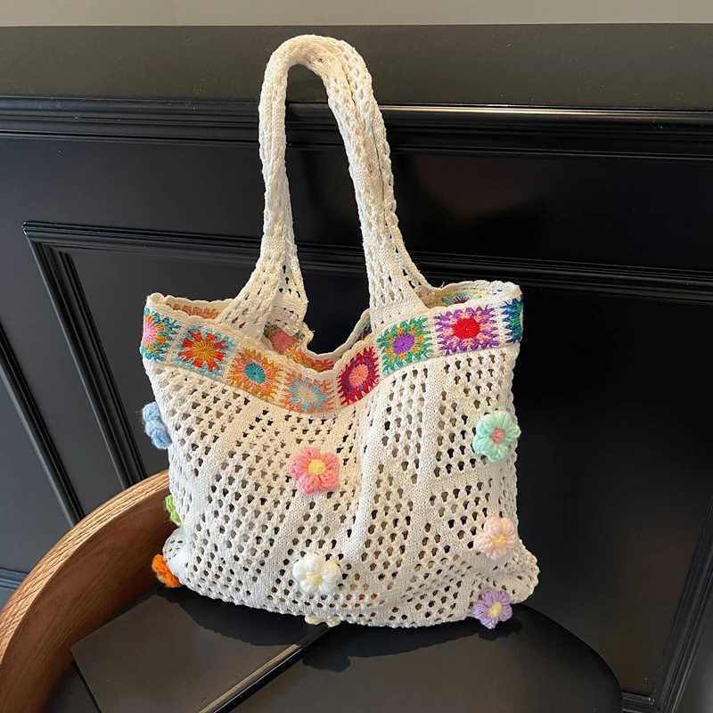Women Knitting Out Crochet Flower Tote Bag Wear Lovely Woven Shoulder Bag Knit Shoulder Bag Seaside Trip Shopping Beach Bag Z251018
