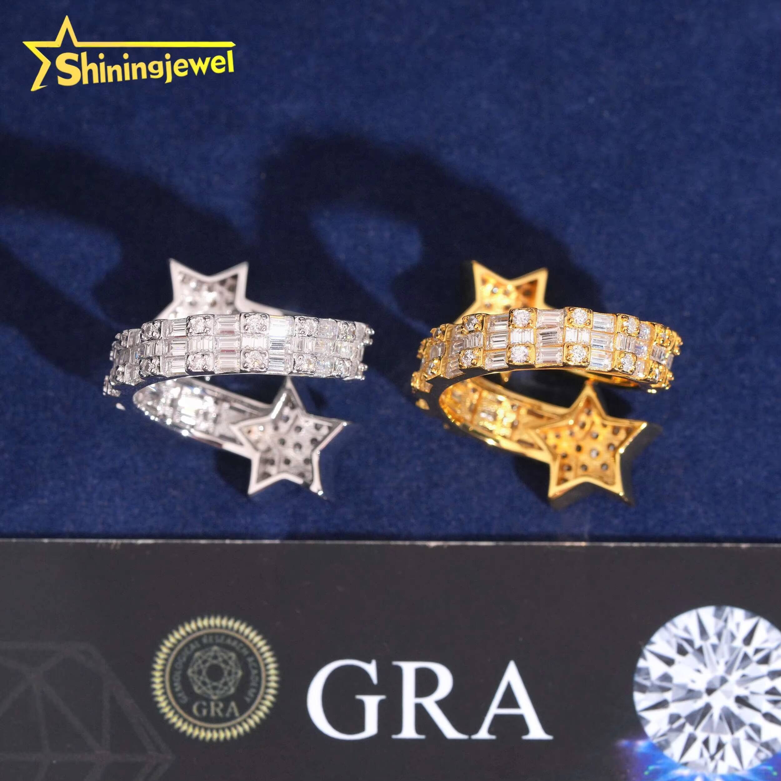 Pass Diamond Tester Full Iced Out Star Shape Hip Hop Rapper Jewelry VVS Moissanite Baguette Diamond 925 Silver Men Ring